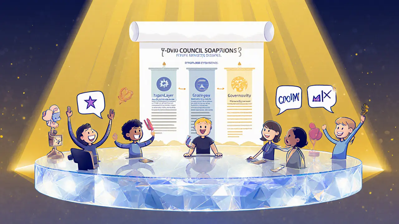 Cartoon DAO meeting with voting avatars and a roadmap of future plans.