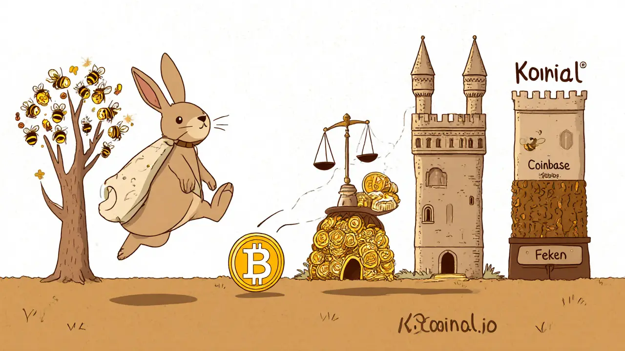 Storybook scene comparing Koinal&#039;s speedy rabbit to larger exchange buildings on a balance of speed and fees.