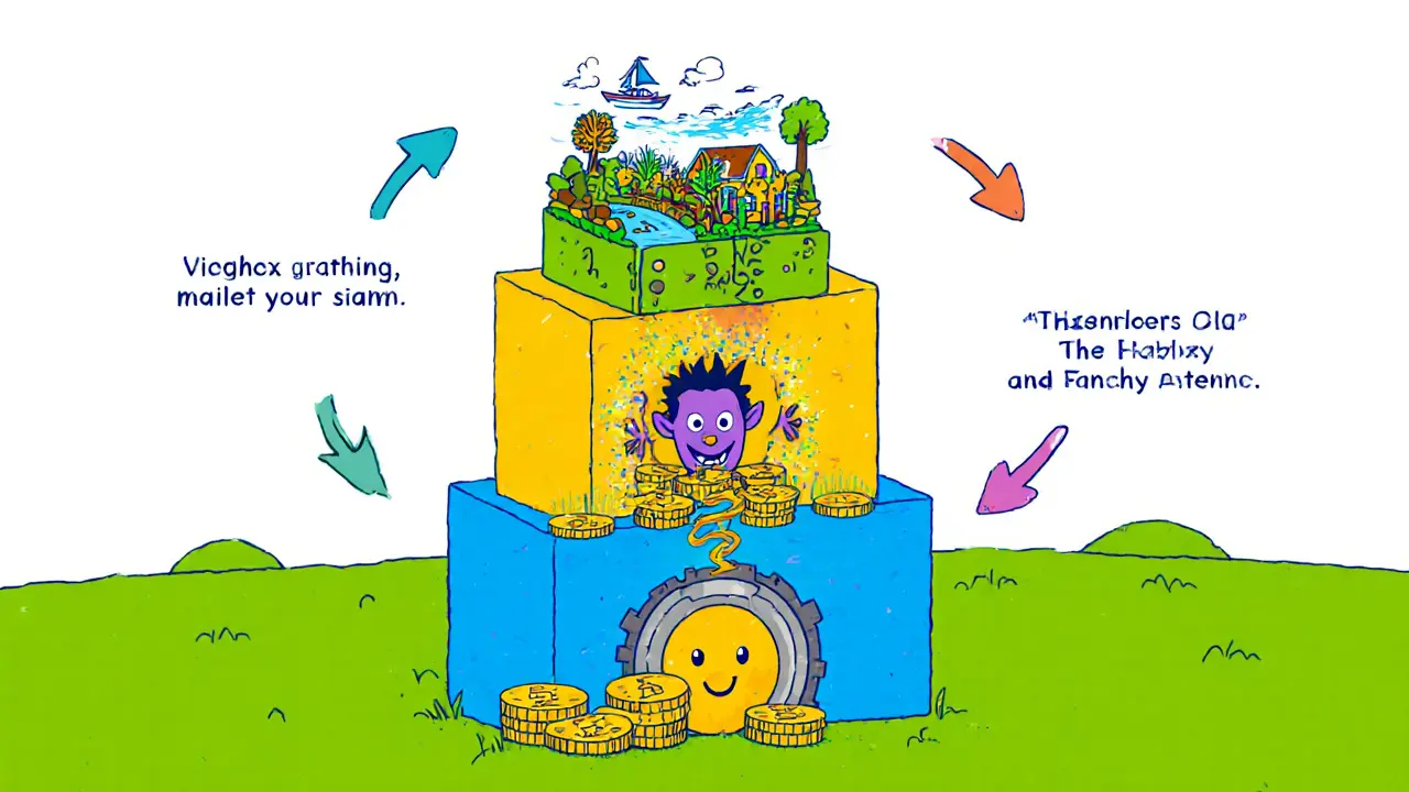 Three cartoon layers show ETH staking, EigenLayer restaking, and DeFi farming.