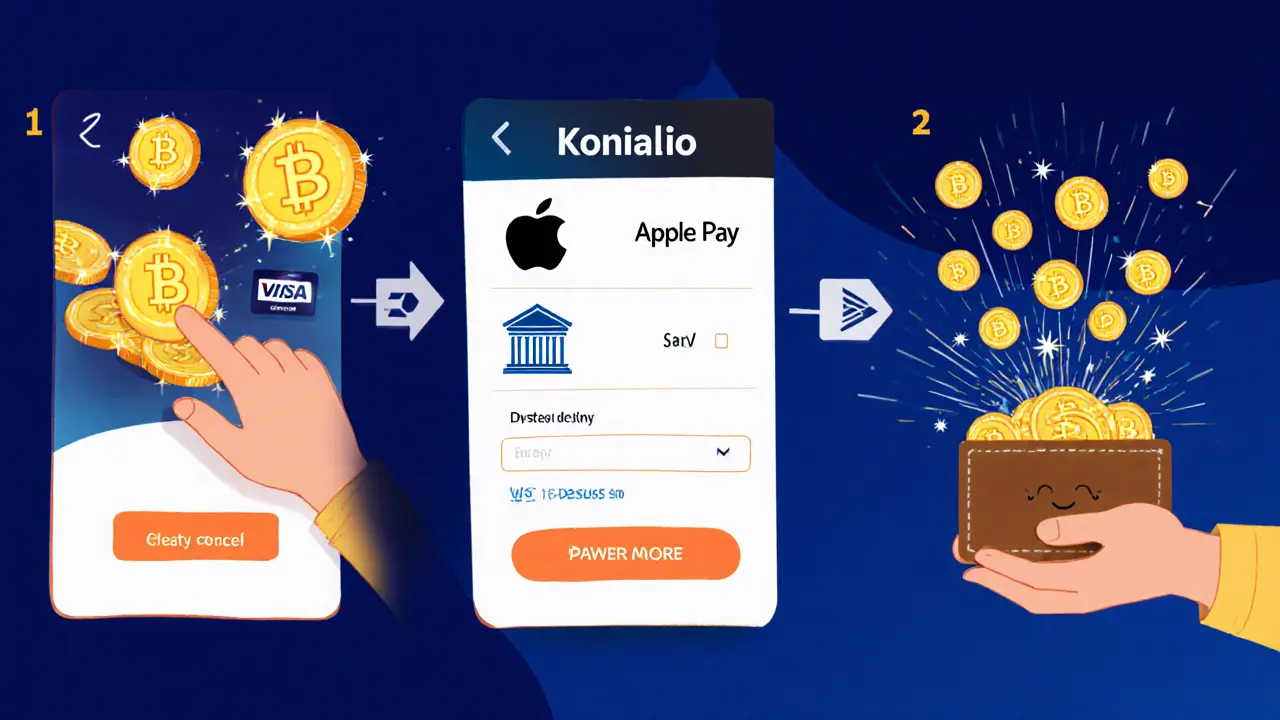 Three‑panel cartoon of choosing a coin, selecting payment, and instant wallet delivery.