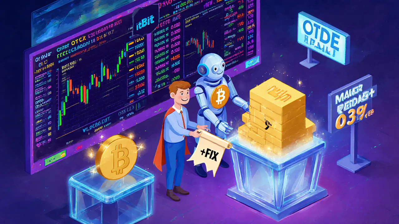 Busy cartoon trading floor with order book, FIX robot, and OTC desk handling a large Bitcoin block.