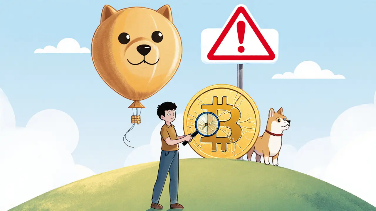 Child investor examining cracked DOGECAUCUS token beside large Dogecoin balloon and warning sign.