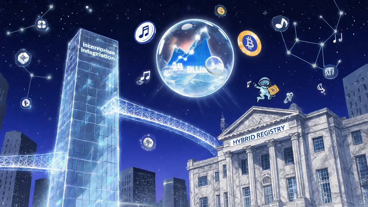 Crystal city of future blockchain IP, connecting enterprise tower and government palace with data bridges.