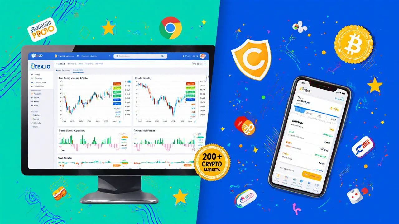 Desktop and mobile screens showing CEX.IO charts, security shields, and payment icons.