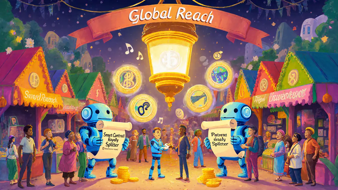 Fantasy market stalls with robot clerks, NFT lantern, and global buyers exchanging token coins.