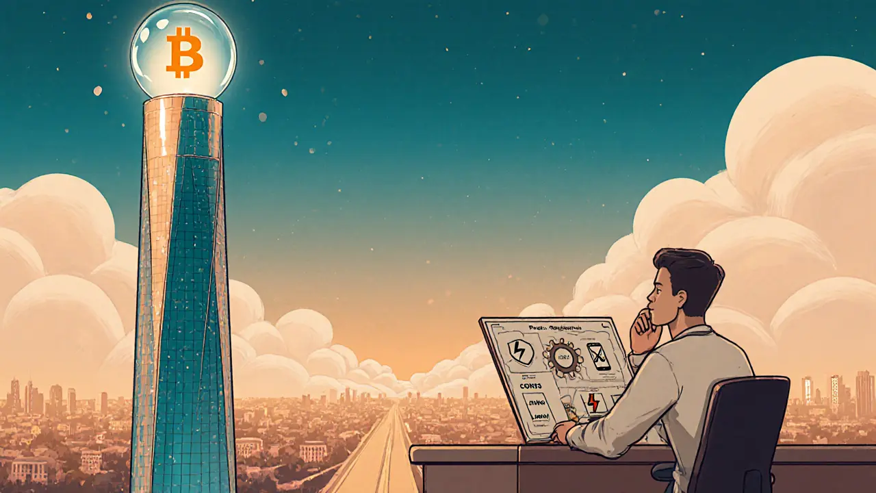 Futuristic itBit tower with regulatory moat, trader reviewing pros and cons, Bitcoin‑ETF crystal ball.