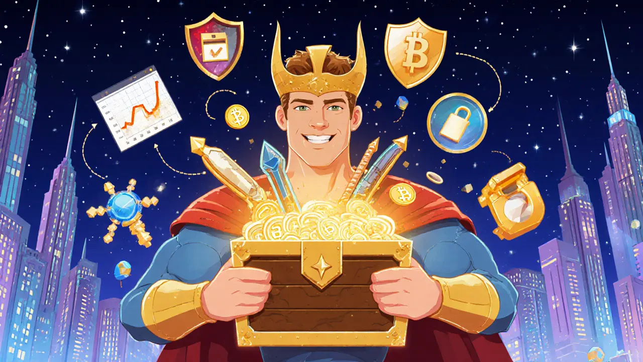 Hero holds an opened chest with loot, surrounded by marketplace and security icons.