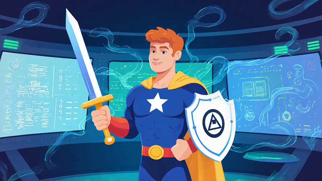 Hero with a hardware security key and zero‑trust shield in a high‑tech control room.