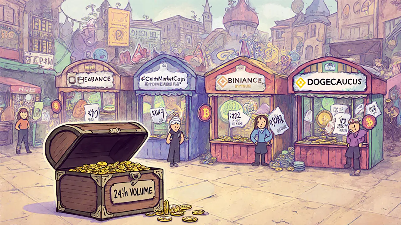 Market stalls showing conflicting DOGECAUCUS prices and an empty volume chest.
