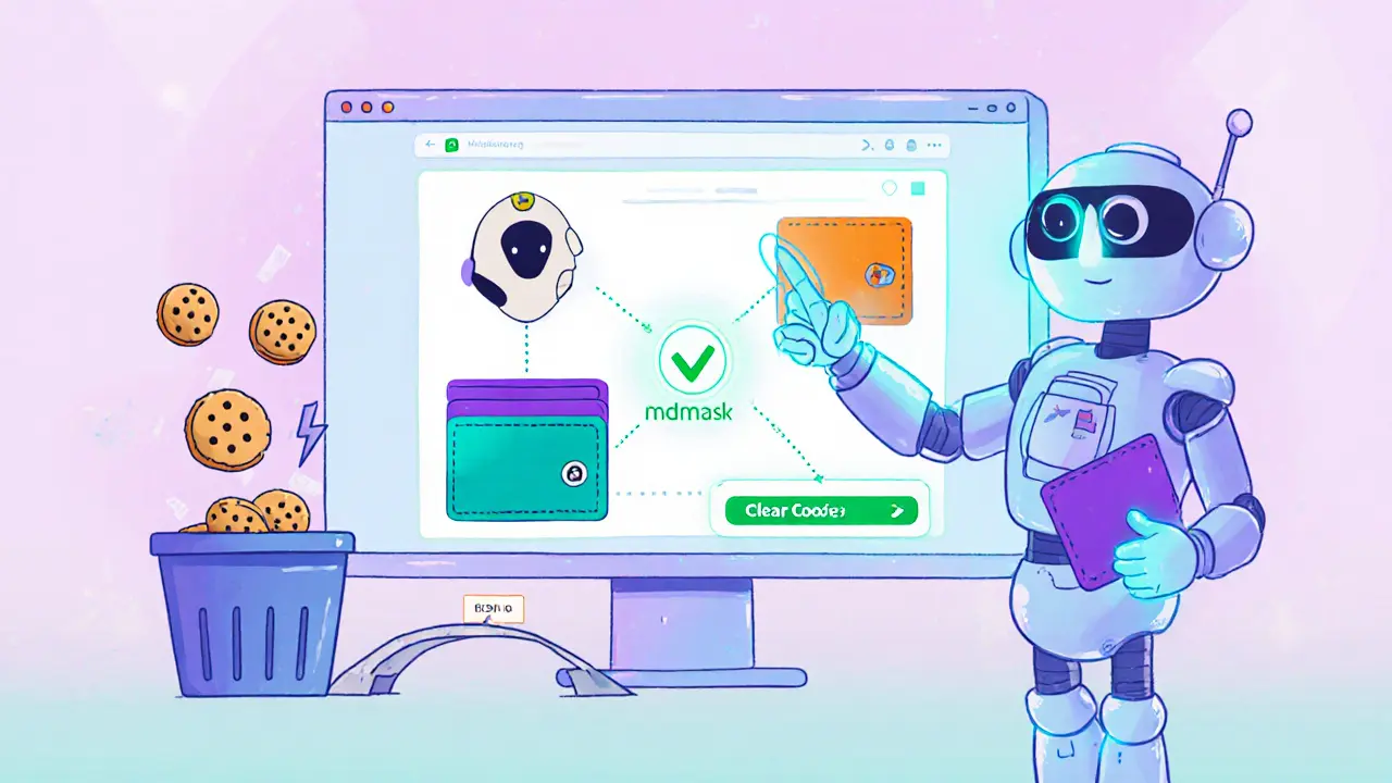 Robot guide explaining multi‑chain wallet setup, cookie clearing, and bridging RACA tokens.