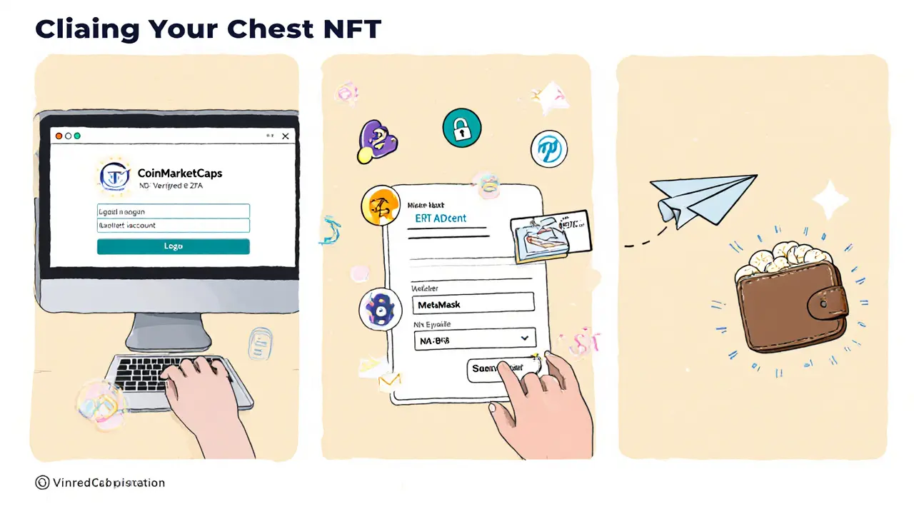 Three‑panel comic shows logging in, entering wallet address, and submitting the form.