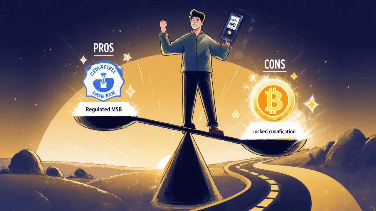 Trader balancing pros and cons on a scale, holding a phone with the CEX.IO app.