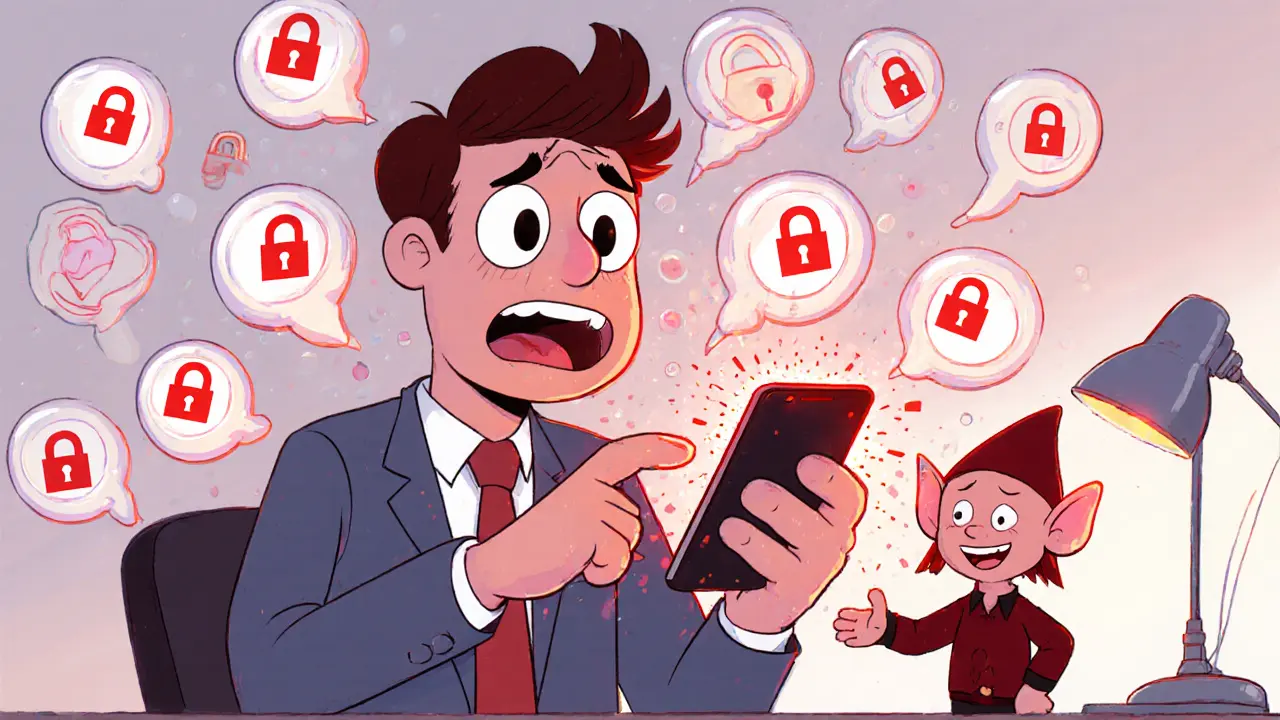 Worker overwhelmed by many push notifications, with an imp urging approval.