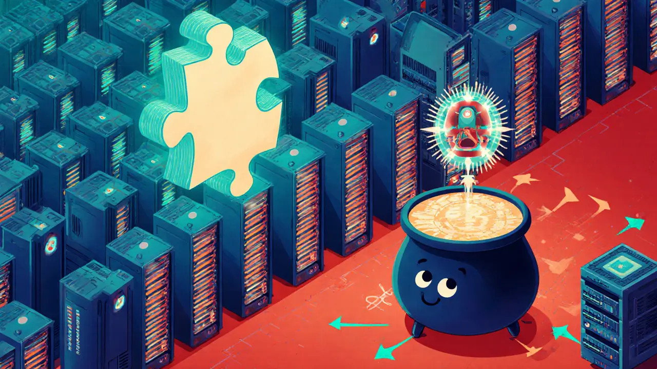 ASIC mining farm with puzzle piece, shield blocking a monster, and a mining pool cauldron.