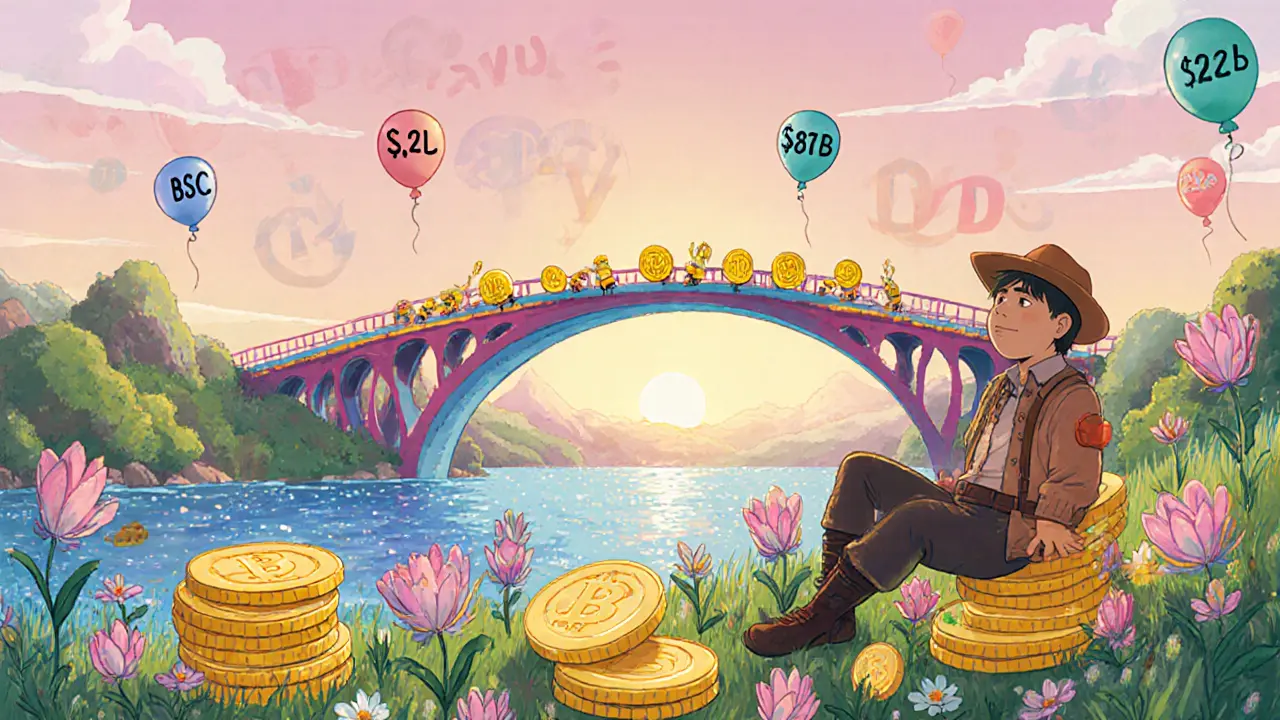 Gardens of pancakes and token flowers with a bridge linking BSC and Solana.