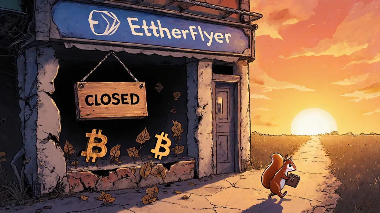Illustration of a closed EtherFlyer building, wilted crypto symbols, and a departing squirrel.