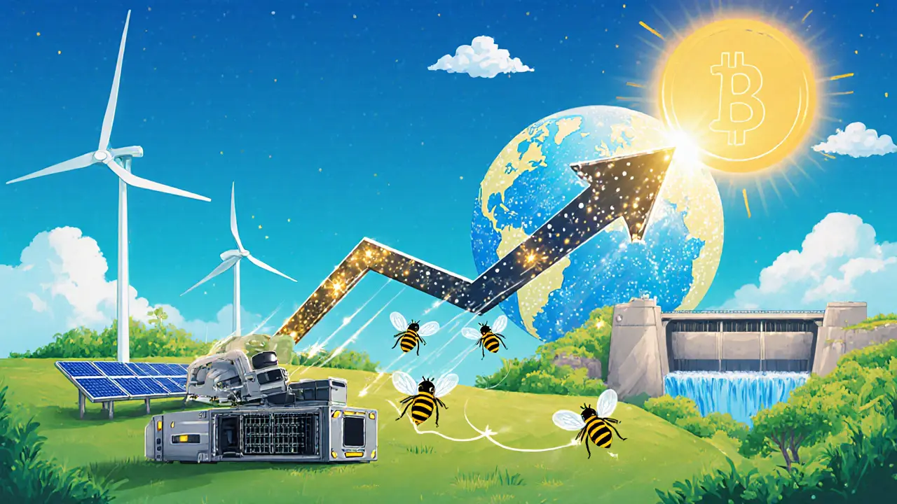 Renewable energy sources powering sleek ASIC rigs with an upward arrow and global nodes.