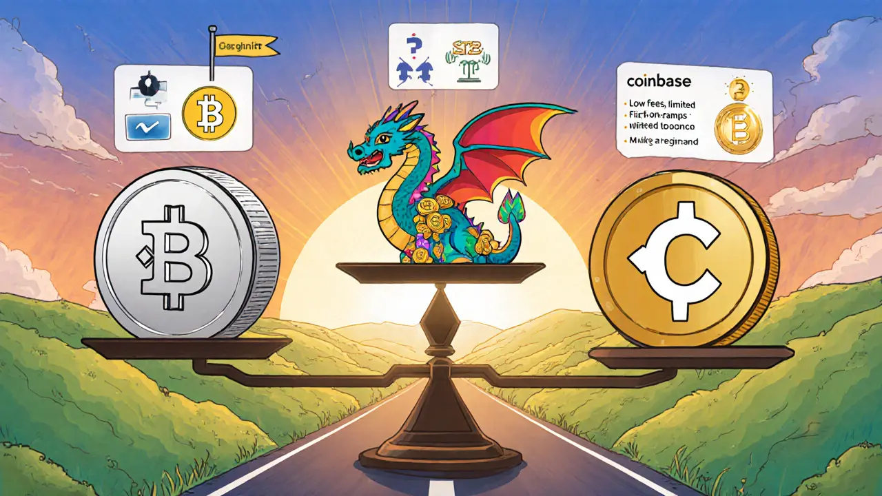 Scale comparing Coinfinit, Binance, and Coinbase with icons of fees and assets.