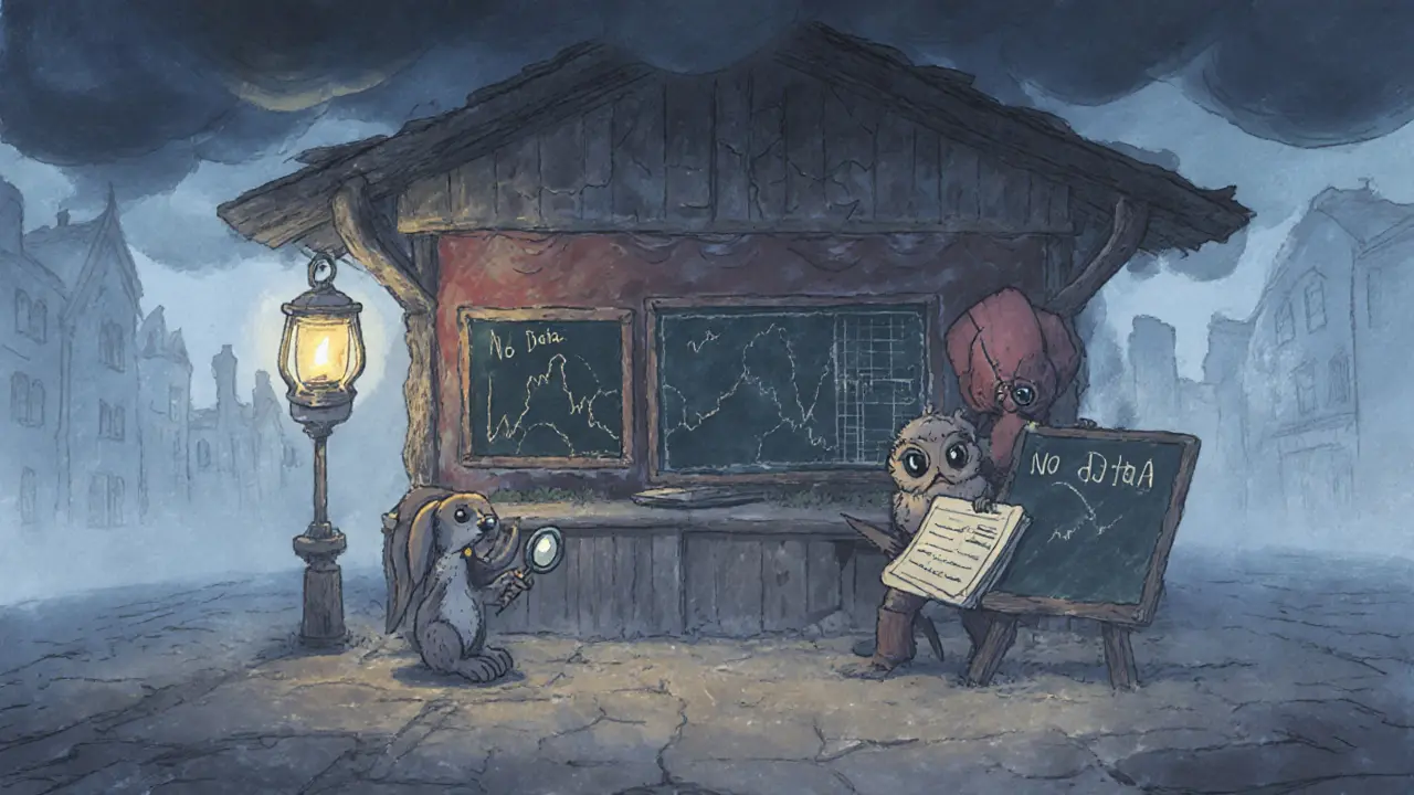 Storybook illustration of a deserted crypto stall with empty charts and worried animals.