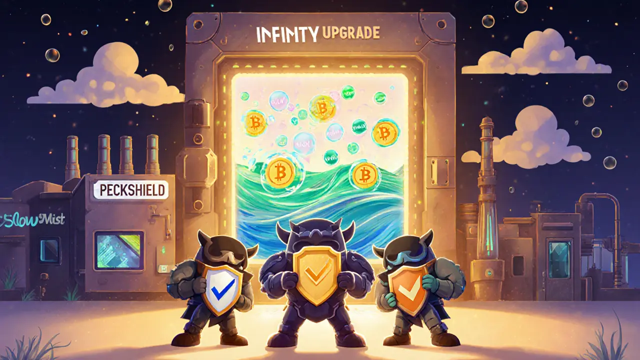 Three guardian mascots protect a vault while an Infinity factory reduces gas bubbles.