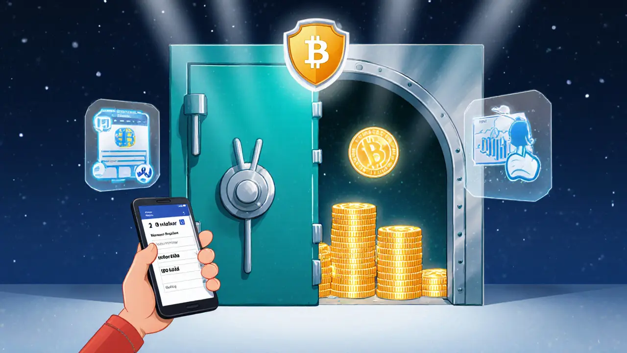 Vault with digital coins and a user using 2FA on a smartphone.