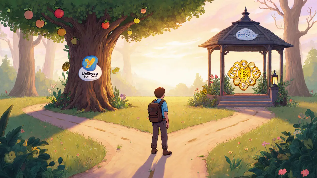 Explorer at a forked path choosing between a big liquidity tree and a Beethoven X gazebo.