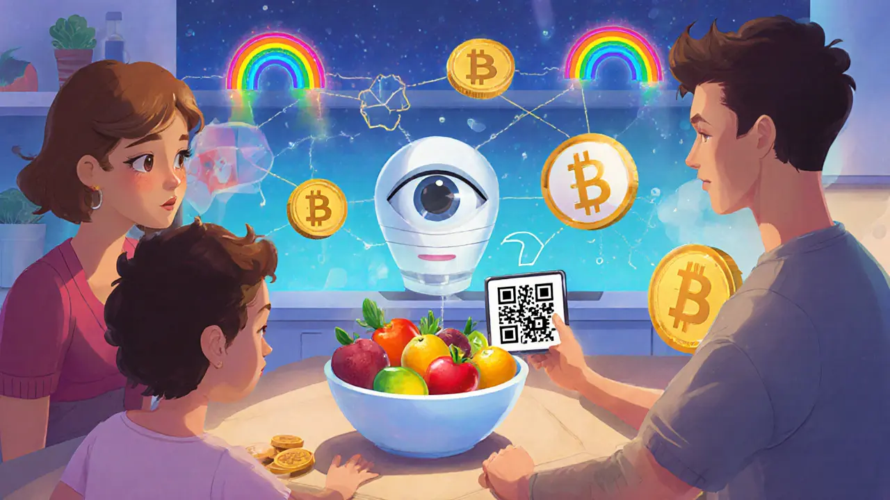 Family scans QR code on fruit bowl, seeing a digital journey with tokens, AI, and bridges.