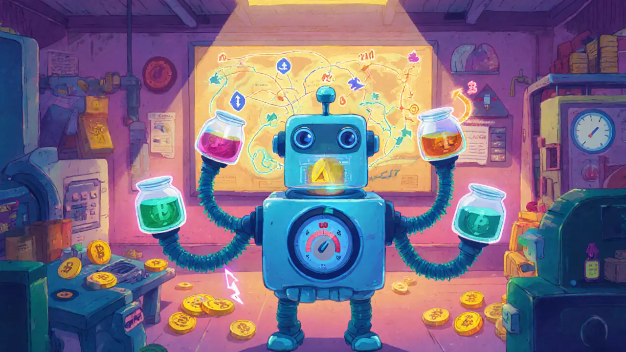 Robot with multiple arms managing colorful token vials and smart order routing arrows.