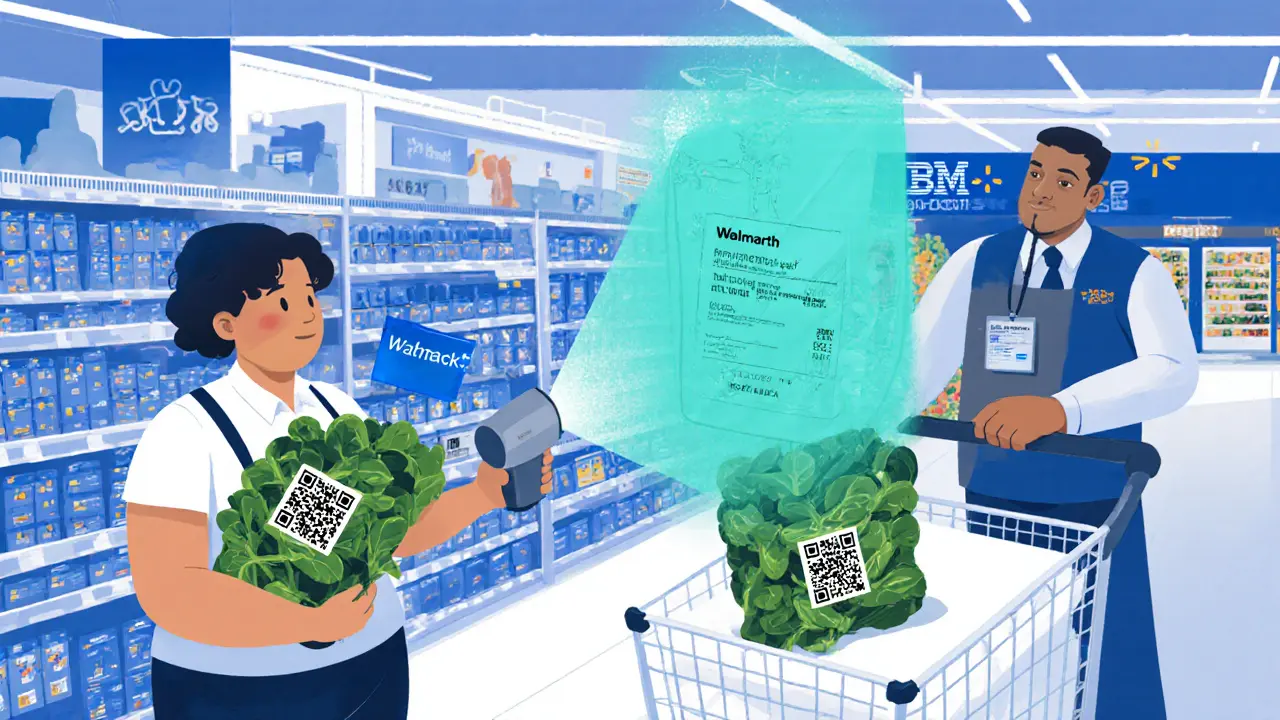 Shopper scans spinach bag, holographic ledger shows farm details in a bright supermarket aisle.