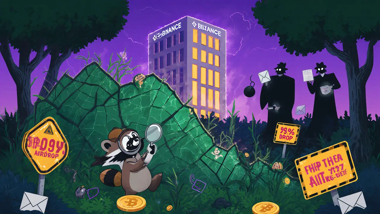 Detective raccoon avoids fake airdrop traps near a falling price chart.