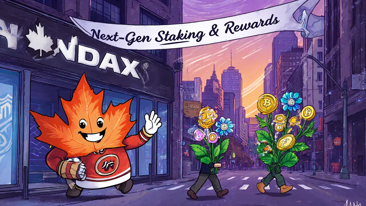 Futuristic NDAX storefront with NHL logo and mascot, showing a staking garden of blooming crypto coins.