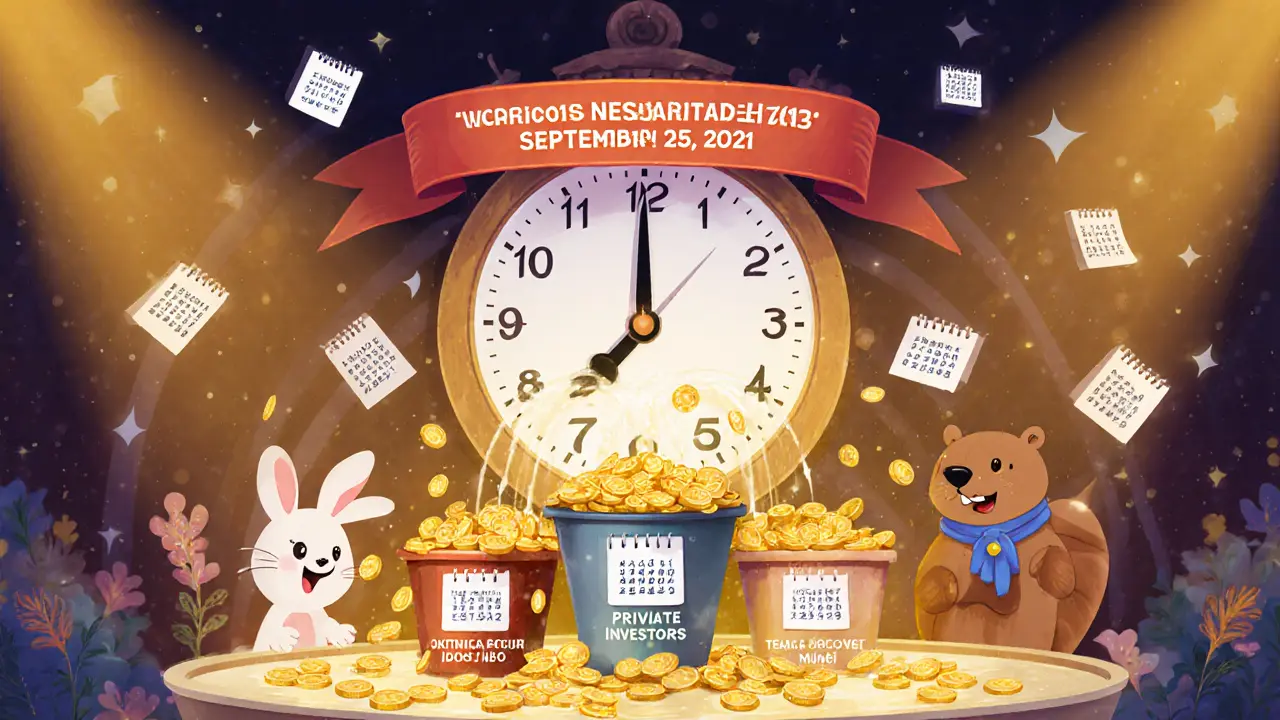 Minting fountain releases MOT tokens into buckets guarded by animal characters.