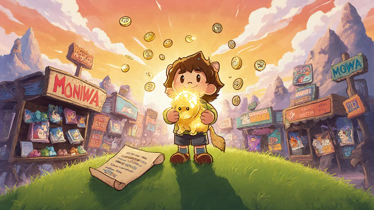 Player on a hill holding a radiant Super Rare Pet that generates MOWA coins and quest scrolls.