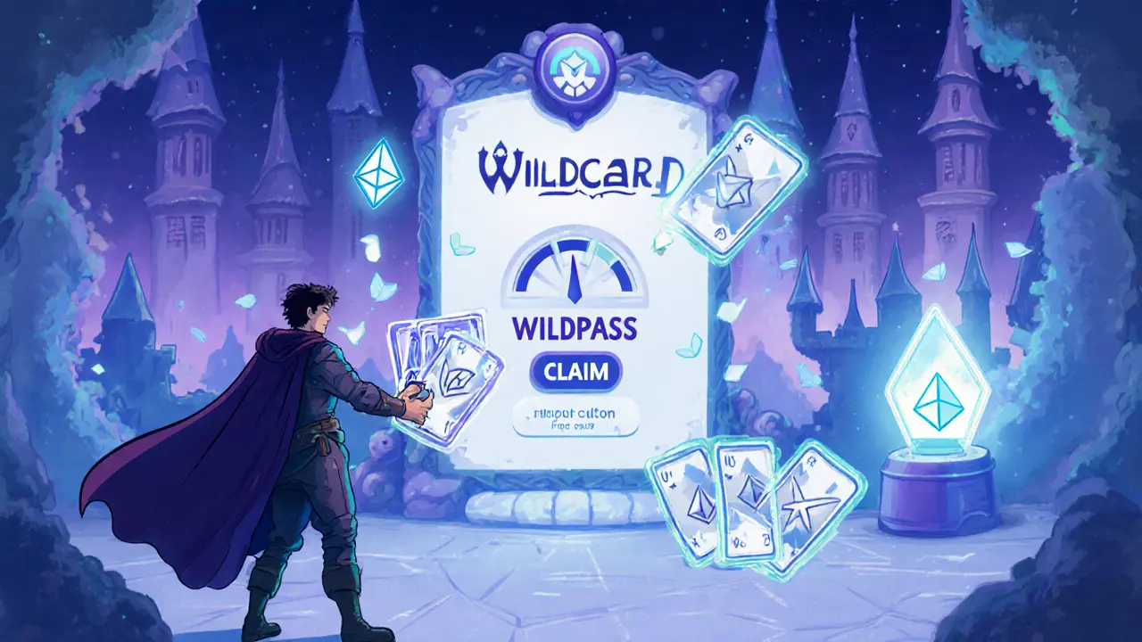 Player with Wildpass NFT claims WC tokens on an Ethereum portal, gas meter low, in a fantasy arena.