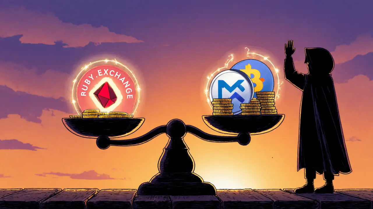 Scale comparing Ruby.Exchange with larger exchanges at sunset.