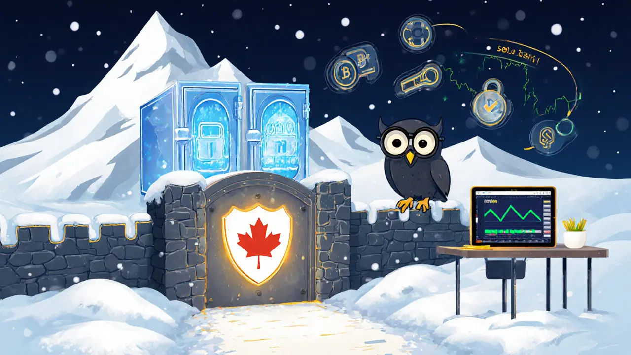 Snowy mountain vault with shield, owl guard, and icy cold‑storage doors representing NDAX security.