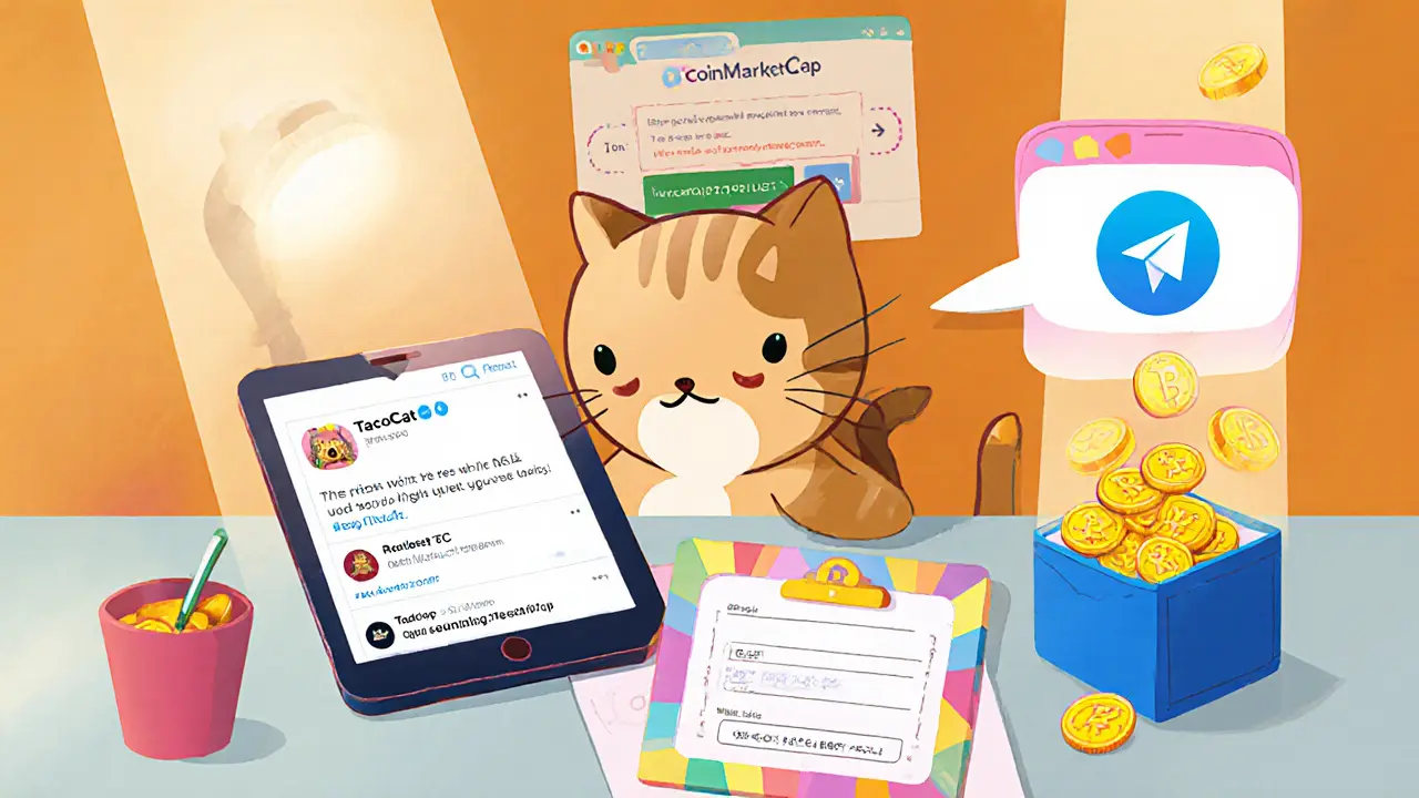 TacoCat cat retweets, joins Telegram, fills form, and receives TCT coins into a BSC wallet.