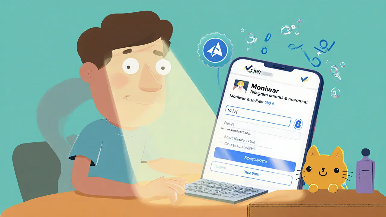 User at a desk viewing Moniwar Telegram on phone, claiming a pet via web form with wallet and gas fee icons.