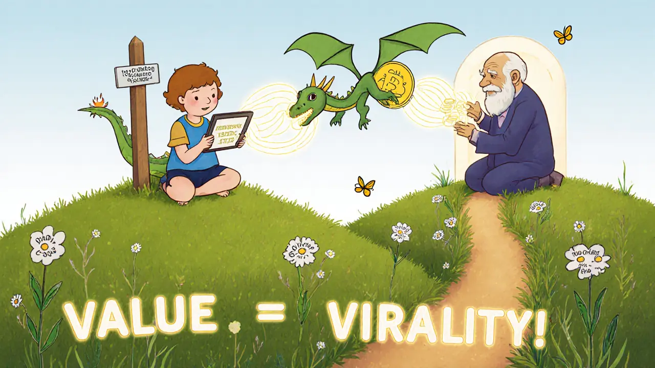 A child and elder exchange crypto coins via glowing wallets as a blockchain dragon flies above.