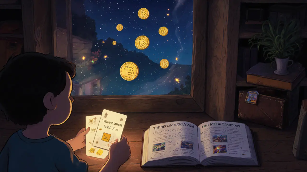 A child placing an NFT card on a shelf as BNB coins drift like fireflies outside a digital cottage window.