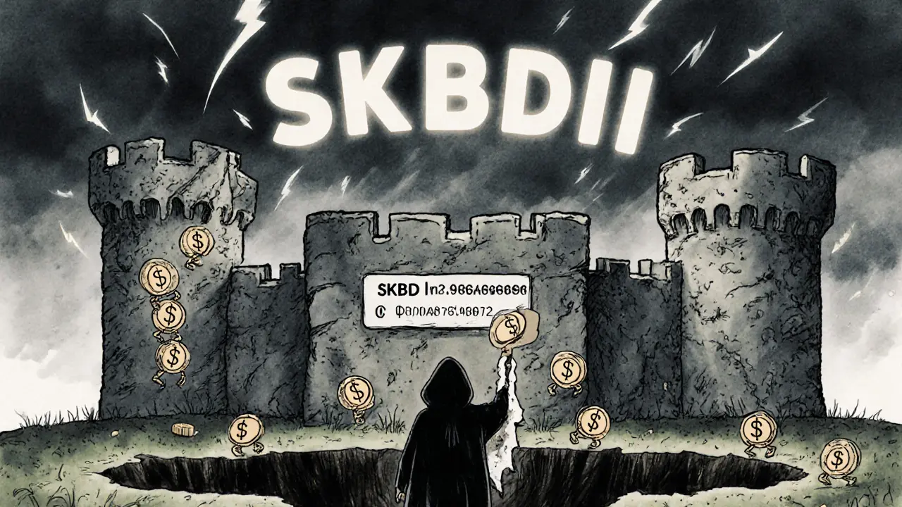 A crumbling castle of SKBDI tokens falls into a pit as anxious investors scramble to climb its walls.