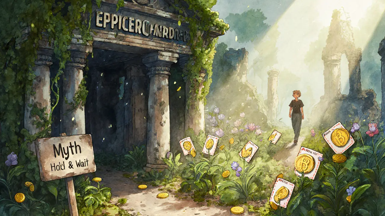 A ruined &#039;Airdrop&#039; temple overgrown with vines, while a thriving garden of NFTs blooms with BNB coins.