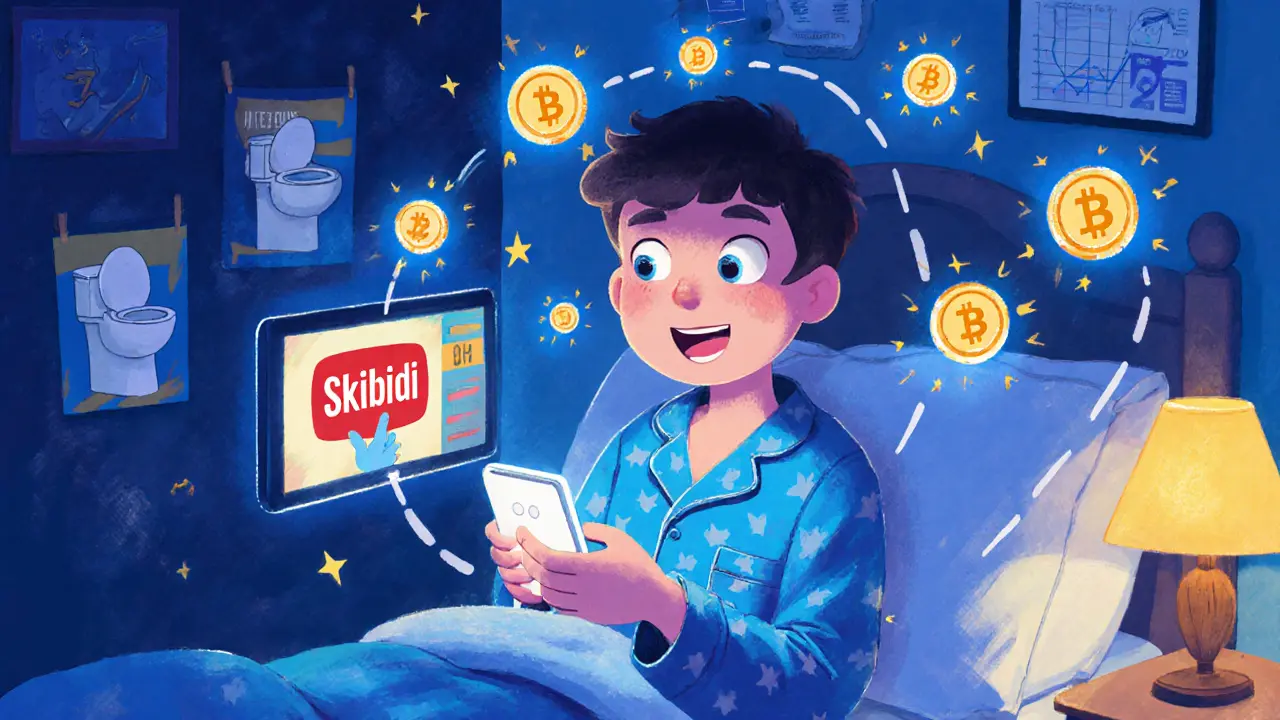 A teenager watches a Skibidi Toilet episode as glowing SKBDI tokens float around them in their room.
