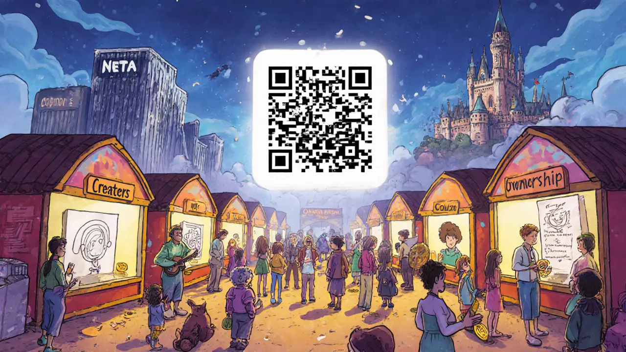 A whimsical marketplace where creators sell NFTs and fans tip coins under a glowing QR code.