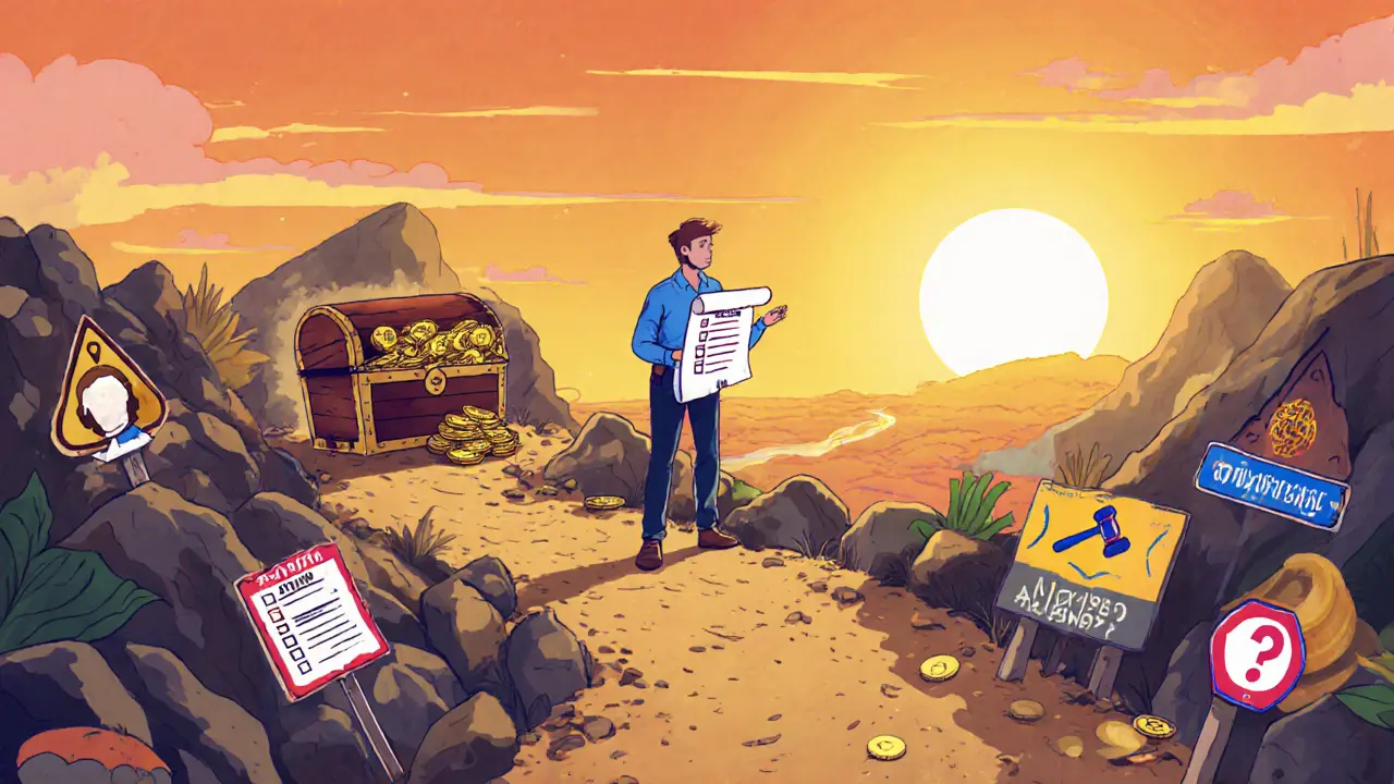 Cartoon drawing of an investor navigating warning signs and a checklist before opening a MOCHI treasure chest.