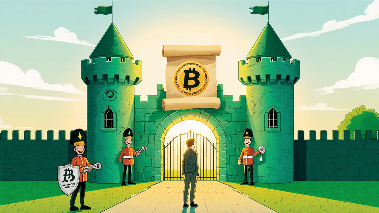 Castle-like Bybit security with dual guards, code scroll, and user holding hardware wallet.