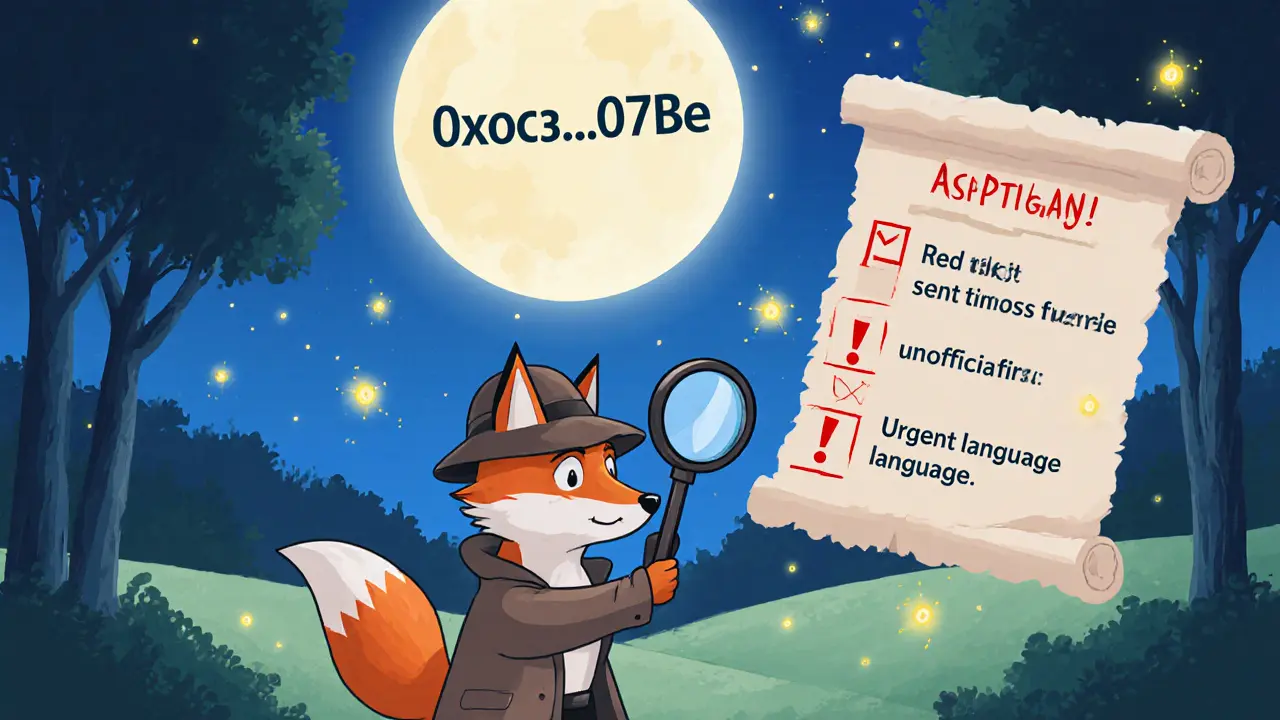 Fox detective examines a crypto address with a checklist of scam warning signs.