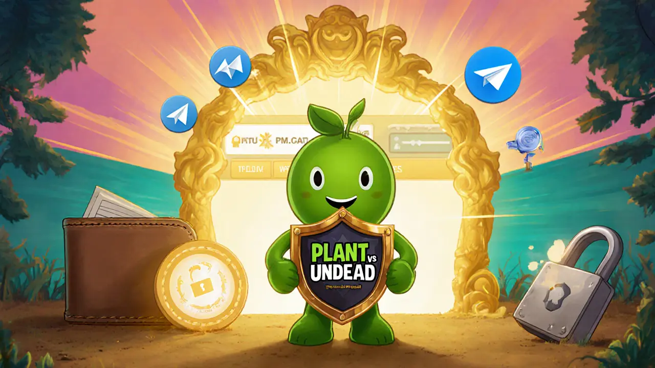 Heroic plant with shield stands before official website, with hardware wallet and security icons.