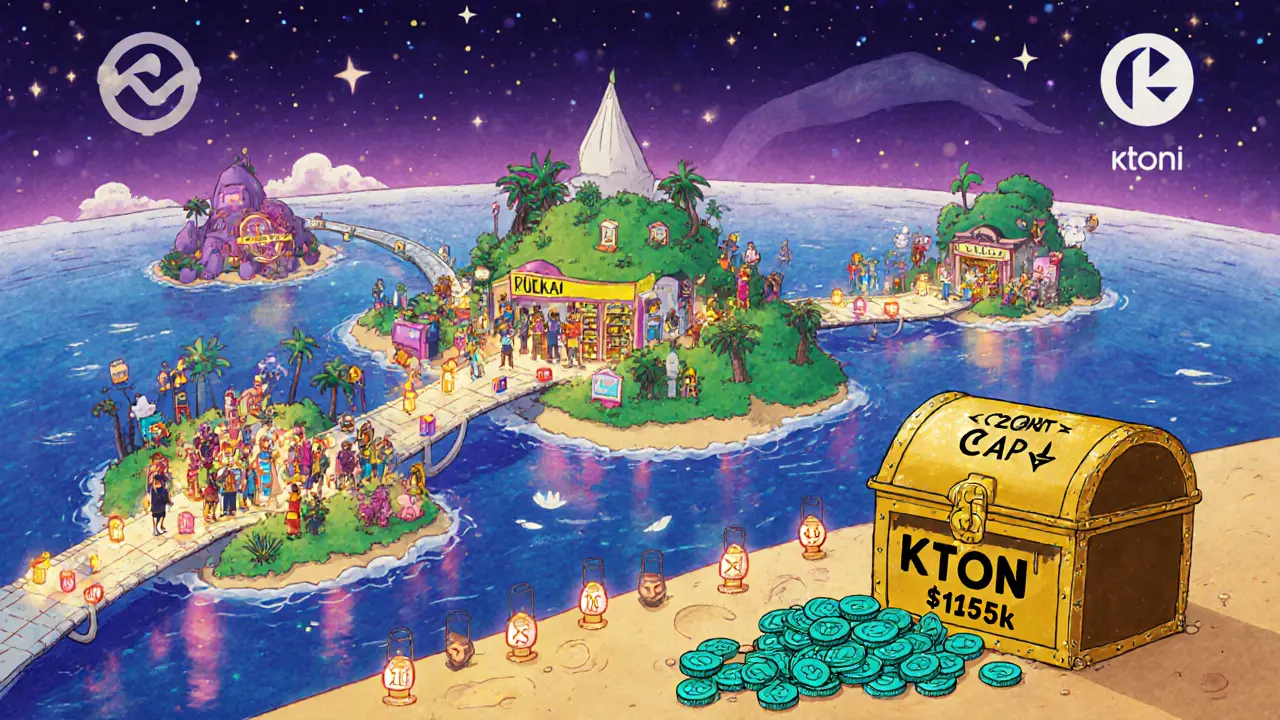 Island chain of blockchains linked by KTON bridges, marketplace with NFTs and voting lanterns.