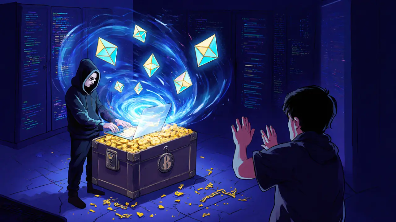 Shadowy hacker extracting Ethereum from a hot wallet in a dark server room.